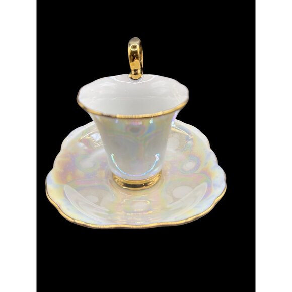 Vintage K. Fogg ‘87 Iridescent Porcelain Tea Cup & Saucer Gold Trim Gold Handle - Picture 4 of 11